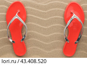 Pair of red beach sandals in rhinestones stand on the sand. Стоковое фото, фотограф Александр Собко / Фотобанк Лори