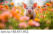 Cute, beautiful pig in a field with flowers in nature, in sunny pink rays. Стоковое AI-изображение, AI-художник ALLA YURTAYEVA / Фотобанк Лори