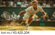 Male Tennis Player Reaching for a Volley on a Grass Court. Стоковое AI-изображение, AI-художник Сергей Толмачёв / Фотобанк Лори