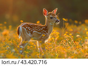 A Young Fawn Standing in a Field of Yellow Flowers at Sunset. Стоковое AI-изображение, AI-художник Сергей Толмачёв / Фотобанк Лори