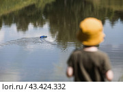 A 5-year-old boy in a yellow panama hat launches a radio-controlled boat in a pond. Children's fun and street games. Child's leisure time. Стоковое фото, фотограф Photojuli / Фотобанк Лори
