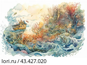 Fantastic underwater world, made in watercolor technique. In the center of the composition is an ancient ship, which seems to be sailing on the waves on the open sea. The ship is surrounded by vibrant and detailed underwater plants and corals ranging from soft blues and greens to rich reds and oranges. Fish swim around, adding liveliness and dynamics to the scene. The general background is made in soft pastel colors, creating a magical and fairy-tale atmosphere. The composition is rich in details, allowing the viewer to immerse themselves in the world of underwater adventures. Стоковое AI-изображение, AI-художник Анна Кривицкая / Фотобанк Лори
