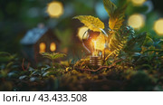 house and a burning light bulb. concept of energy conservation, alternative energy sources, protection of ecology and nature, harmony with nature and environment. Стоковое AI-видео, аниматор Ольга Ильина / Фотобанк Лори