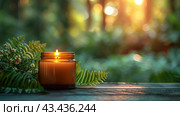 A Lit Candle On A Wooden Surface In A Forest At Sunset. Стоковое AI-изображение, AI-художник Сергей Толмачёв / Фотобанк Лори