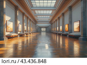 Empty Art Gallery Hallway With Sunlight Streaming Through Skylights. Стоковое AI-изображение, AI-художник Сергей Толмачёв / Фотобанк Лори