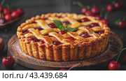 Delicious Homemade Cherry Pie with steam and Flaky Crust on rustic wooden background. Fresh backed hot cherry pie, cake with cherries with steam, tasty, soft and delicious, slow morion footage. Стоковое AI-видео, аниматор Ирина Михайличенко / Фотобанк Лори