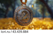 Silver medal with number two for 2nd place laurel wreath on festive background with confetti, symbol of winner, celebration, sport competition, champion games. Стоковое AI-видео, аниматор Ирина Михайличенко / Фотобанк Лори
