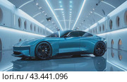 Luxury modern blue car parked at local dealership salon, on the mirror surface of an abstract geometric structure in a high-tech style. Automobiles for sale, rent, car showroom, copy space, ad. Стоковое AI-видео, аниматор Ирина Михайличенко / Фотобанк Лори
