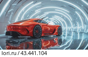 Luxury red modern car parked at local dealership salon, on the mirror surface of an abstract geometric structure in a high-tech style. Automobiles for sale, rent, car showroom, copy space, ad. Стоковое AI-видео, аниматор Ирина Михайличенко / Фотобанк Лори