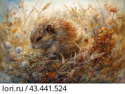 A small rodent, probably a field mouse or other small animal, found among dry grass and wildflowers. Its fur is soft and fluffy, colored in warm brown-red tones, which harmonizes with the surrounding vegetation. The background is made in pastel shades, creating a warm and cozy atmosphere of an autumn day. Many details of grasses and flowers add realism and depth to the image. Стоковое AI-изображение, AI-художник Анна Кривицкая / Фотобанк Лори