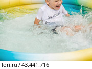 It's a hot day. A cute boy is swimming and splashing in the pool. A happy little boy smiles at the camera. Splashes of water are flying in all directions. The concept of summer holidays with children. Стоковое фото, фотограф Photojuli / Фотобанк Лори