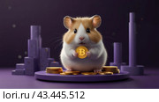 Cartoon hamster on purple platform with Bitcoin coins on Vibrant Pink and Blue Background. Hamster kombat game on cryptocurrency mining, concept of mini games on cryptocurrency earning. Стоковое AI-изображение, AI-художник Терехова Марина / Фотобанк Лори