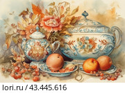 Still life with beautiful porcelain objects and fruits. The centerpiece is occupied by a teapot and tureen with traditional Russian patterns in blue and white. There are branches with berries, peaches and flowers around, creating an atmosphere of comfort and warmth. The painting is made in the style of watercolor painting, which gives it lightness and tenderness. Стоковое AI-изображение, AI-художник Анна Кривицкая / Фотобанк Лори