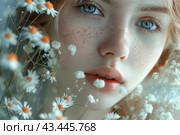 A close-up of the face of a young girl with blue eyes and fair skin covered with freckles. Her face is surrounded by delicate wildflowers such as daisies and baby's breath. The girl looks gentle and natural, her lips are slightly parted. Bright blue eyes and freckles give the image freshness and youth. Light pastel tones of flowers and skin create an atmosphere of innocence and romance. Стоковое AI-изображение, AI-художник Анна Кривицкая / Фотобанк Лори