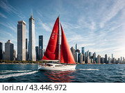Scenery of sailboat with red sails at urban skyscrapers skyline on calm sea waters. Traditional sailboat on modern city skyline background. Travel vacation and leisure concept. Copy ad text space. Стоковое AI-изображение, AI-художник Aleksandr Golubev / Фотобанк Лори