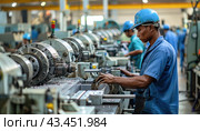 A man operates a machine in a factory, contributing to mass production and the engineering industry. Стоковое AI-изображение, AI-художник Юрий Поздников / Фотобанк Лори