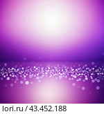 Blurry out-of-focus white lights in a horizontal line against a soft, purple gradient background, creating a bokeh effect. The light purple background fades to a darker purple at the bottom. AI. Стоковое AI-изображение, AI-художник Юлия Петровская / Фотобанк Лори