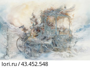 A fairy-tale carriage drawn by two horses that rushes through a snowy winter landscape. The carriage is made in an ornate, detailed style, decorated with elegant patterns and floral motifs. Inside the carriage sits a lady in an ancient outfit, holding a bouquet of flowers in her hands. The painting conveys a feeling of magic and enchantment, thanks to soft pastel colors and light, airy touches. Стоковое AI-изображение, AI-художник Анна Кривицкая / Фотобанк Лори