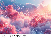 A fairy-tale scene with pink trees and clouds that seem airy and fluffy. Small luminous points and bubbles float around the trees and in the air, creating an atmosphere of magic and fantasy. Delicate pink and blue shades create an impression of softness and romance. Light shining through the clouds adds warmth and depth to the image, enhancing the sense of magic and unreality. Стоковое AI-изображение, AI-художник Анна Кривицкая / Фотобанк Лори