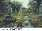 An old cemetery with many tombstones overgrown with grass and flowers. Bright yellow flowers grow throughout the cemetery, adding contrast and enlivening the atmosphere of the place. Along the path you can see a variety of gravestones of different shapes and sizes, some of which are covered with moss and entwined with plants. In the background you can see tall trees, creating shade and giving the place even more mystery and privacy. The overall atmosphere of the image combines tranquility, the beauty of nature and slight sadness. Стоковое AI-изображение, AI-художник Анна Кривицкая / Фотобанк Лори