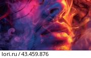 Close Up Portrait of a Man's Face Inhaled Smoke Under Red and Blue Lighting. Стоковое AI-изображение, AI-художник Сергей Толмачёв / Фотобанк Лори