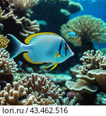 Vibrant orange white yellow blue red reef fish swim through coral reef. Sun rays pierce sea water. Variety of animal. Ecology hydrosphere. Anthropogenic factor influencing death of coral reefs. AI. Стоковое AI-изображение, AI-художник Юлия Петровская / Фотобанк Лори