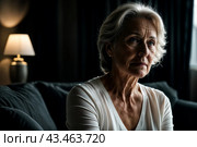 Portrait of pensive lonely middle aged woman 45 years old in dark living room, thinking looking away. Thoughtful alone mature lady in white clothes at home. Loneliness concept. Copy ad text space. Стоковое AI-изображение, AI-художник Aleksandr Golubev / Фотобанк Лори