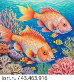 Vibrant orange white yellow blue red reef fish swim through coral reef. Sun rays pierce sea water. Variety of animal. Ecology hydrosphere. Anthropogenic factor influencing death of coral reefs. AI. Стоковое AI-изображение, AI-художник Юлия Петровская / Фотобанк Лори