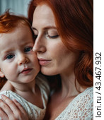 A mother lovingly gazes at her infant baby, holding the child close in her arms. Cute infant child is calm. Love of mother and child. Happy childhood. Family relationships, motherhood and fertility. Стоковое AI-изображение, AI-художник Юлия Петровская / Фотобанк Лори