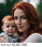 A mother lovingly gazes at her infant baby, holding the child close in her arms. Cute infant child is calm. Love of mother and child. Happy childhood. Family relationships, motherhood and fertility. Стоковое AI-изображение, AI-художник Юлия Петровская / Фотобанк Лори