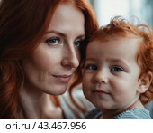 A mother lovingly gazes at her infant baby, holding the child close in her arms. Cute infant child is calm. Love of mother and child. Happy childhood. Family relationships, motherhood and fertility. Стоковое AI-изображение, AI-художник Юлия Петровская / Фотобанк Лори
