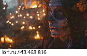 A woman dressed in traditional Day of the Dead attire stands in front of a crowd of people celebrating in a cemetery. Стоковое AI-видео, аниматор Данила Большаков / Фотобанк Лори