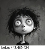 Cartoon character with big round eyes, tousled hair and a scared expression on his face. The painting is done in black and white, which gives it a dark and mysterious atmosphere. The character is dressed in dark clothes, which enhances the contrast with his pale face. The illustration is done in a style reminiscent of the work of Tim Burton, with a characteristic eccentricity and a unique visual approach. Стоковое AI-изображение, AI-художник Анна Кривицкая / Фотобанк Лори