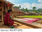 Traditional Indian weaver crafting on handloom in village settingries. Стоковое AI-изображение, AI-художник Анна Маркина / Фотобанк Лори