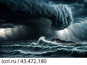 Dramatic scenery of giant tsunami waves at dark stormy sky background with tornado on urban skyline. Poster of meteorology eco climate problem. Apocalyptic scene, doomsday concept. Copy ad text space. Стоковое AI-изображение, AI-художник Aleksandr Golubev / Фотобанк Лори
