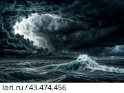 Dramatic scenery of tornado at urban skyline, giant tsunami waves at dark stormy sky with lightning bolt. Poster of meteorology climate problem. Apocalyptic scene, doomsday concept. Copy ad text space. Стоковое AI-изображение, AI-художник Aleksandr Golubev / Фотобанк Лори