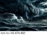 Dramatic scenery of tornado at urban skyline, giant tsunami waves at dark stormy sky with lightning bolt. Poster of meteorology climate problem. Apocalyptic scene, doomsday concept. Copy ad text space. Стоковое AI-изображение, AI-художник Aleksandr Golubev / Фотобанк Лори