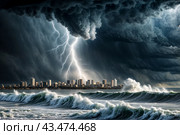 Dramatic scenery of tornado at urban skyline, giant tsunami waves at dark stormy sky with lightning bolt. Poster of meteorology climate problem. Apocalyptic scene, doomsday concept. Copy ad text space. Стоковое AI-изображение, AI-художник Aleksandr Golubev / Фотобанк Лори