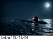 Surfaced unknown nuclear submarine at north night waters in open sea/ocean. Sub military control of sea, protection of water. Naval forces army, military war technology concept. Copy ad text space. Стоковое AI-изображение, AI-художник Aleksandr Golubev / Фотобанк Лори