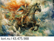 A female warrior in full battle garb riding a mighty horse across a stormy sea. The figure of a warrior, dressed in bright and detailed armor, is captivating with its drama and dynamism. Her long hair flutters in the wind, emphasizing the swiftness of her movement. The horse, made in dark colors, looks powerful and graceful, with an expression of determination in its eyes. The whole image creates an atmosphere of epic adventure and power. The painting is made in watercolor technique with rich colors, which adds magic and mysticism to the image. This illustration is ideal for book covers, games or feature articles. Стоковое AI-изображение, AI-художник Анна Кривицкая / Фотобанк Лори