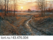 Picturesque sunset over an autumn field. In the foreground is a curved path, covered in wheel tracks, leading into the distance across a field. On both sides of the path there are trees with bare branches, giving the picture a feeling of late autumn. As the setting sun dips below the horizon, it colors the sky in warm shades of orange and pink, creating a soft and tranquil lighting. The water collected in the ruts on the path reflects the light, adding realism to the composition. The painting is made with high detail, emphasizing the texture of the ground and tree branches. This illustration is ideal for use in projects involving nature, countryside and seasonal changes. Стоковое AI-изображение, AI-художник Анна Кривицкая / Фотобанк Лори