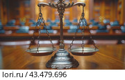 Legal office of lawyers, justice and law concept : Retro balance scale of justice on a desk in a courtroom, depicting giving fair and objective consideration to all evidence, without showing bias. Стоковое AI-видео, аниматор Ирина Михайличенко / Фотобанк Лори