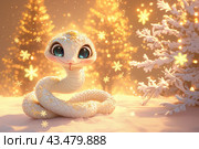 2025 A white snake is sitting on the snow next to a Christmas tree. The snake is wearing a necklace and has a smile on its face 3D. Стоковое AI-изображение, AI-художник Ekaterina Ismagilova / Фотобанк Лори