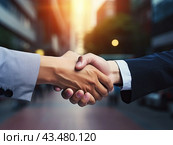 Businessmen shake hands on the background of a city street. Стоковое AI-изображение, AI-художник Ярославский Максим / Фотобанк Лори