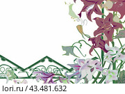 Art deco style edges made up of day Lilies and morning glories, on a white background. Стоковое AI-изображение, AI-художник Ирина Ручушкина / Фотобанк Лори