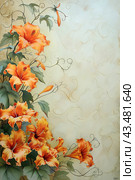 Art deco style edges made up of day Lilies and morning glories, on a white background. Стоковое AI-изображение, AI-художник Ирина Ручушкина / Фотобанк Лори