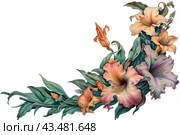 Art deco style edges made up of day Lilies and morning glories, on a white background. Стоковое AI-изображение, AI-художник Ирина Ручушкина / Фотобанк Лори