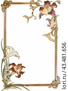 Art deco style edges made up of day Lilies and morning glories, on a white background. Стоковое AI-изображение, AI-художник Ирина Ручушкина / Фотобанк Лори