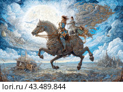 A fantastic world, flooded with the light of a huge moon. In the foreground are three characters riding a magnificently decorated horse. The central figure, a woman in armor, holds the reins, followed by a man, and at the end a child holding onto the man's belt. They are surrounded by a whirlwind of magical and mystical elements, as if woven from air and light. In the distance you can see fantastic castles and flying ships, giving the scene an epic scale and magic. Стоковое AI-изображение, AI-художник Анна Кривицкая / Фотобанк Лори