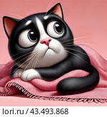 Charming cartoon kitten with large expressive eyes. The kitten is black and white, with a pink nose and white paws. He lies comfortably on a pink blanket and looks up with a sweet and slightly thoughtful expression on his face. The background is made in a soft pink color, which emphasizes the cuteness and softness of the kitten’s image. Стоковое AI-изображение, AI-художник Анна Кривицкая / Фотобанк Лори